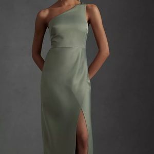 BHLDN Dylan One-Shoulder Satin Side-Slit Gown